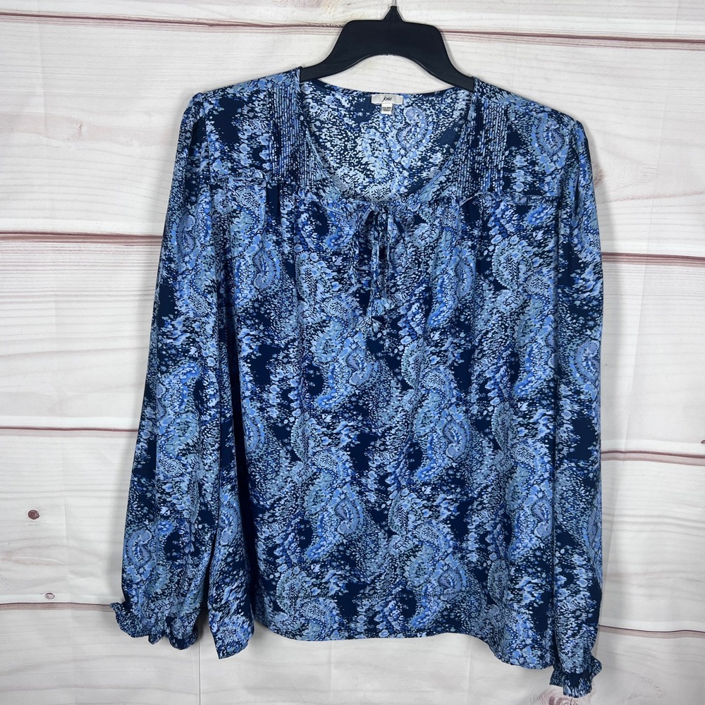 JOIE Blouse Womens XXL Blue Paisley Tie Neck Pleated Long Sleeve Top Tie Neck